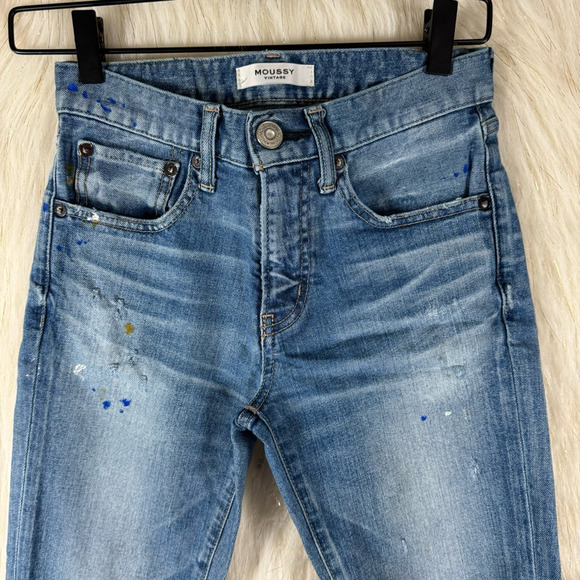 Moussy Womens Skinny Jeans Skinny Medium Wash Blue Distressed Splatter Size 24 - Picture 3 of 13